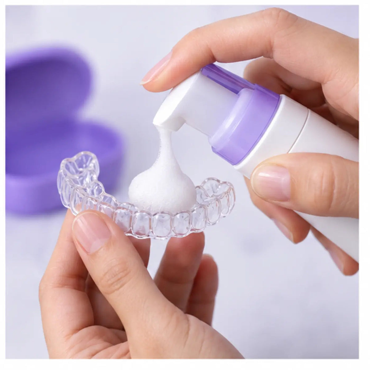 SmileWide Aligner Cleaner + Whitening Foam – product in use