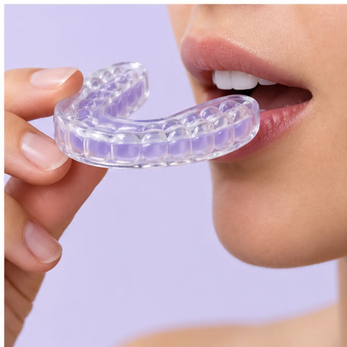 SmileWide Custom Hybrid Night Guard – Dual Arch – product in use