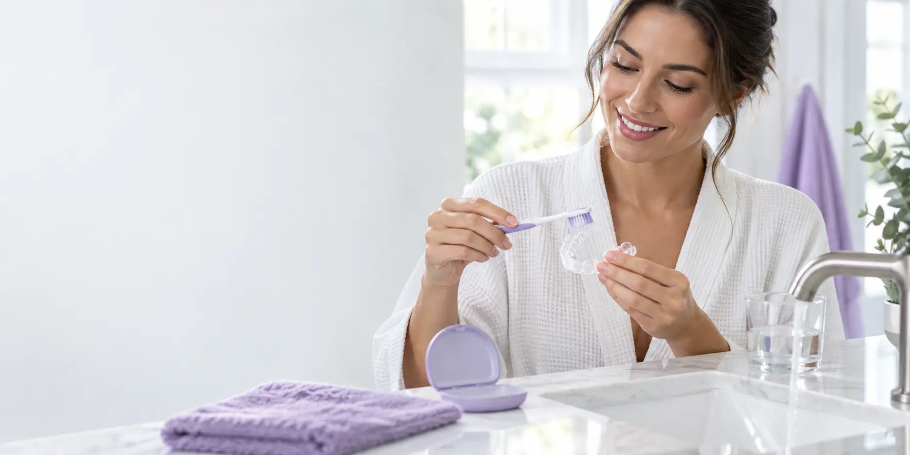 Patient cleaning a clear dental aligner at home