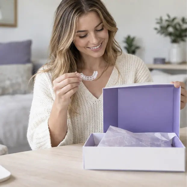 Patient holding clear aligners