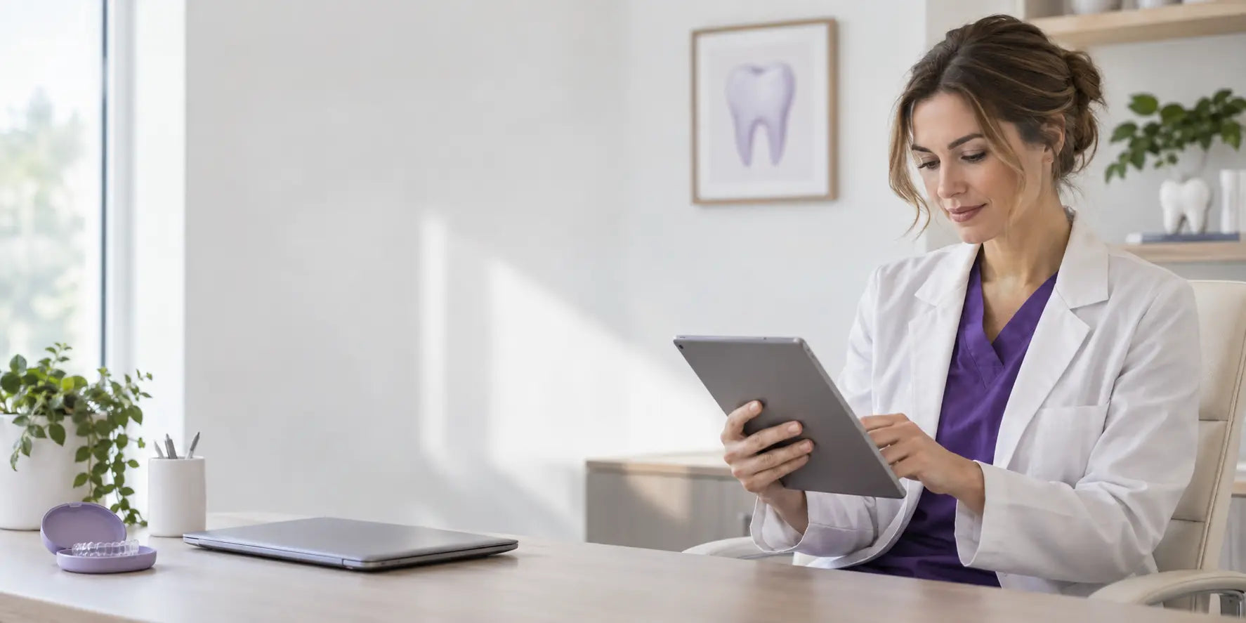 Dental professional securely reviewing patient information