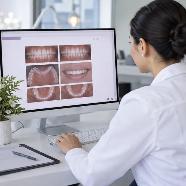 Patient reviewing a proposed clear aligner treatment plan