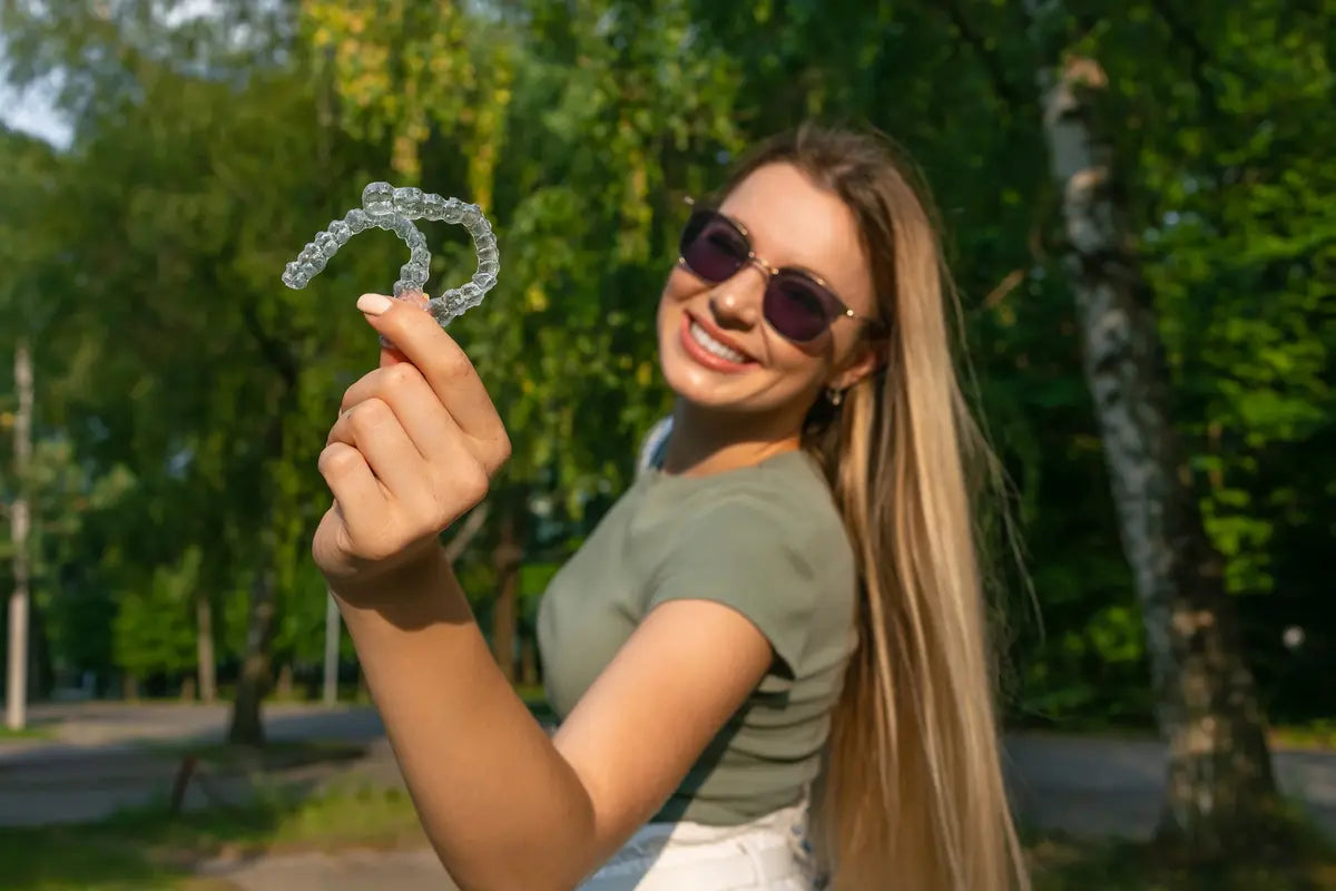 Woman outdoors smiling and holding clear aligners